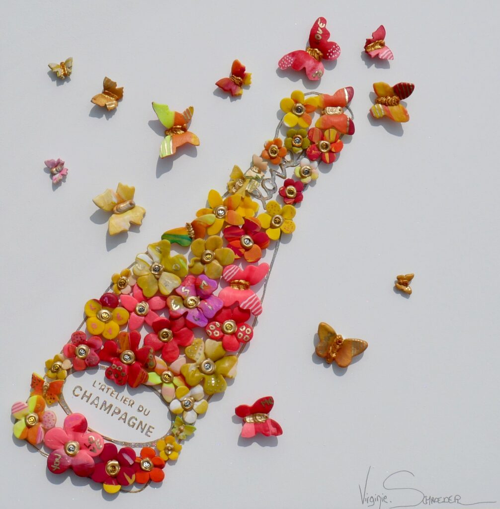Découvrez l’univers poétique de mes sculptures 3D de bouteilles de champagne sur panneau de bois, où papillons et fleurs s’unissent pour célébrer les instants magiques de la vie. Chaque œuvre raconte une histoire unique de joie, de beauté et de rêve, invitant à transformer votre intérieur en un écrin d’émotion et d’émerveillement. Plongez dans ce voyage artistique et offrez-vous un fragment d’éternité à collectionner.